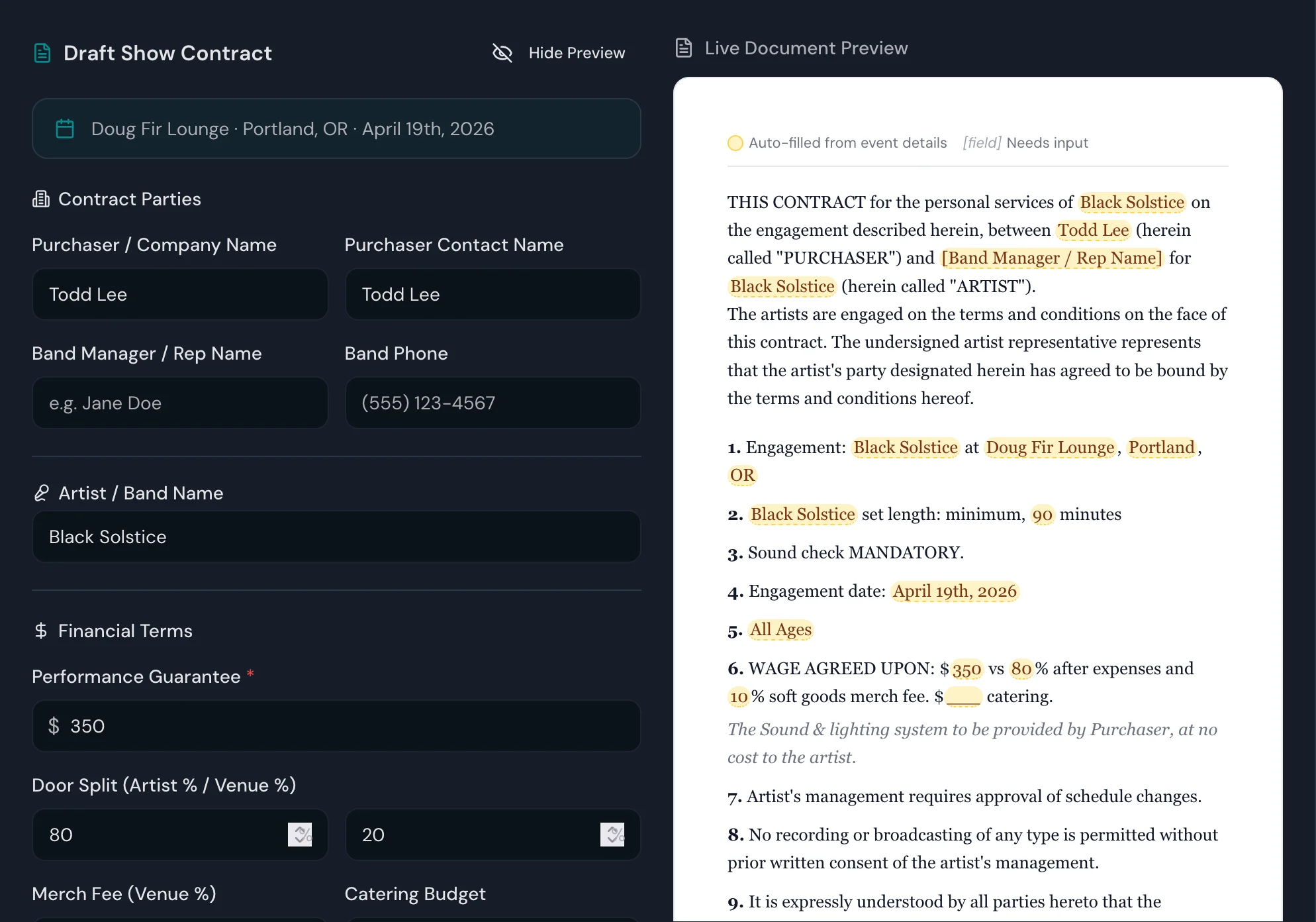Roadi contract drafting with live document preview showing auto-filled terms