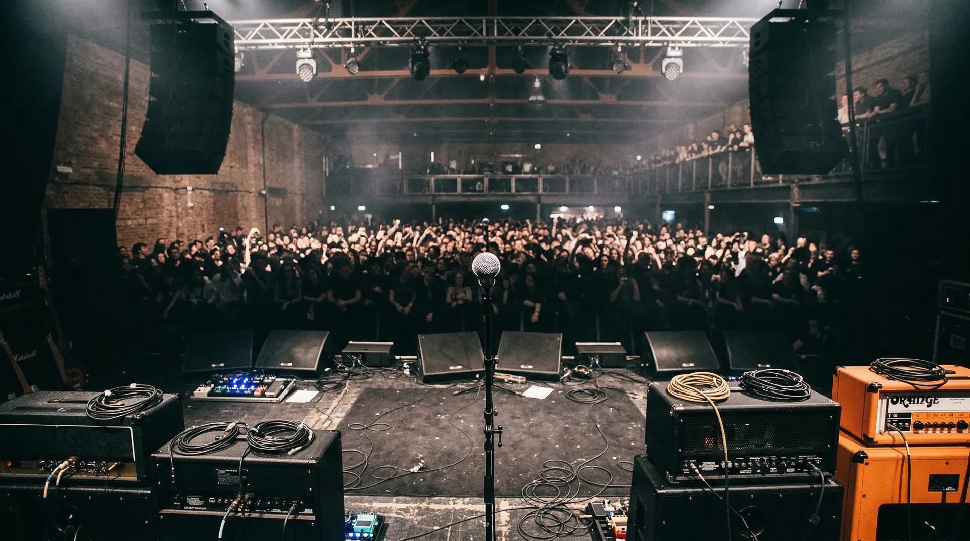 View from stage looking out at a packed indie music venue